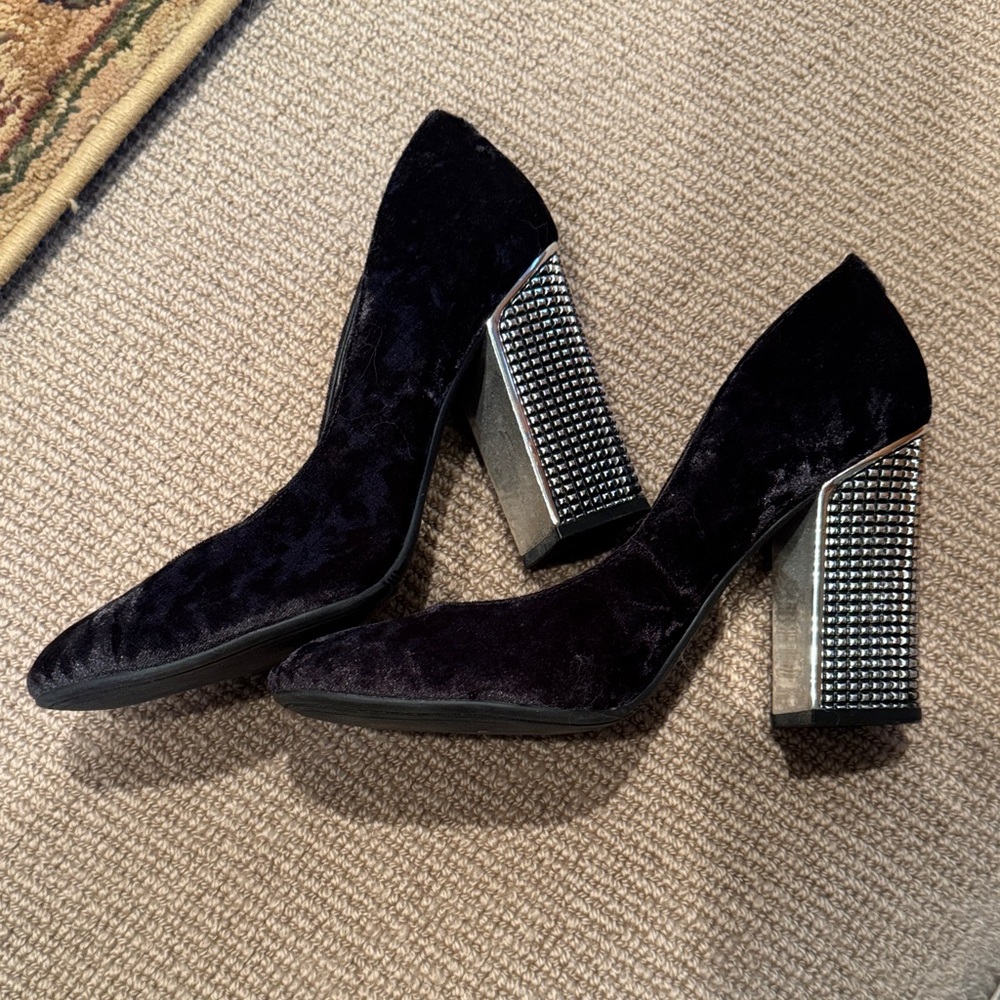 Guess Black Velvet Heels with Silver Studded Block